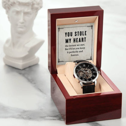 My man, You stole my heart Skeleton Watch is the Perfect Birthday, Anniversary, Fathers Day, and special Gift For your Husband