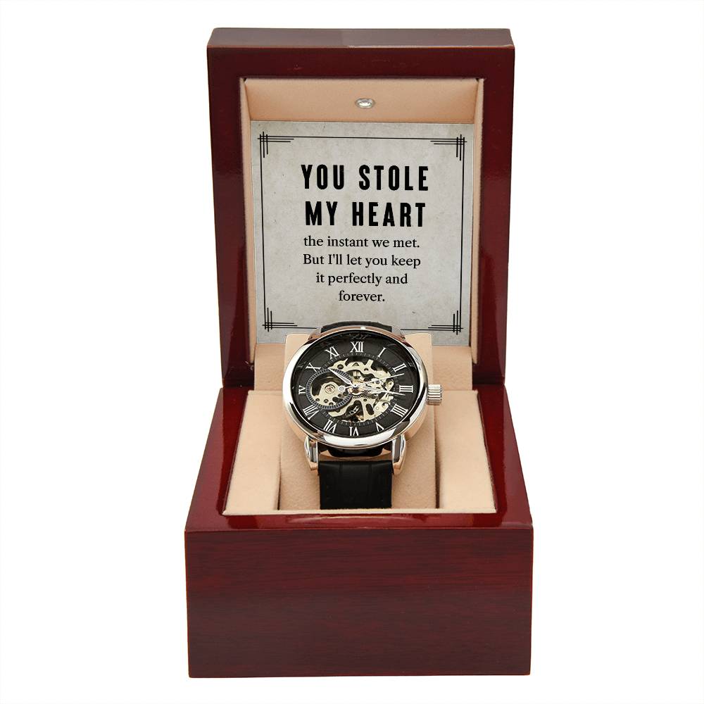 My man, You stole my heart Skeleton Watch is the Perfect Birthday, Anniversary, Fathers Day, and special Gift For your Husband