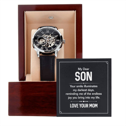 My dear son, your smile illuminates Skeleton Watch makes for the Perfect Birthday, Graduation, Wedding, First Job, or Random Gift For your Son