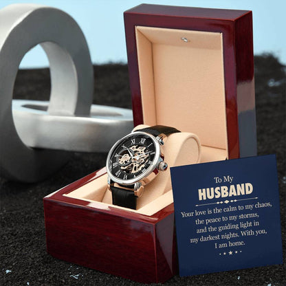 To my husband, Your love is the calm to my chaos Skeleton Watch is the Perfect Birthday, Anniversary, Fathers Day, and special Gift For your Husband