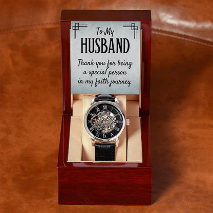 To my husband, of my faith journey Skeleton Watch is the Perfect Birthday, Anniversary, Fathers Day, and special Gift For your Husband