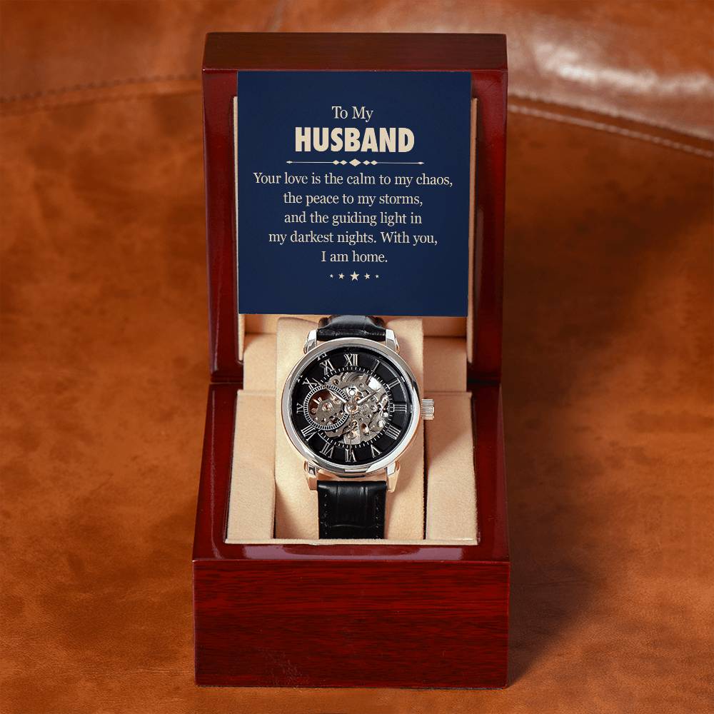 To my husband, Your love is the calm to my chaos Skeleton Watch is the Perfect Birthday, Anniversary, Fathers Day, and special Gift For your Husband