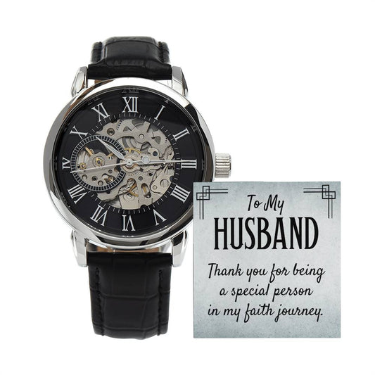 To my husband, of my faith journey Skeleton Watch is the Perfect Birthday, Anniversary, Fathers Day, and special Gift For your Husband