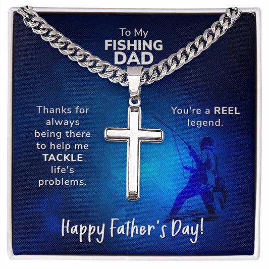 To My Fishing Dad. Thanks for always being there Personalized Steel Cross Necklace on Cuban Chain for Men