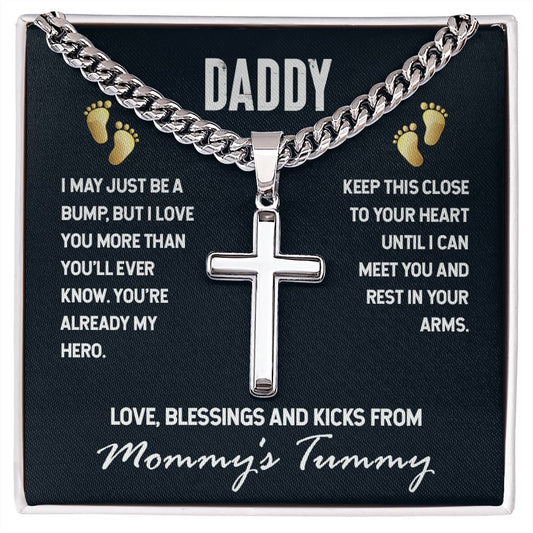 Daddy-I MAY JUST BE A BUMP Personalized Steel Cross Necklace on Cuban Chain for Men
