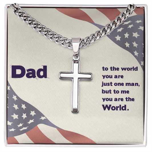 Dad to the world Personalized Steel Cross Necklace on Cuban Chain for Men