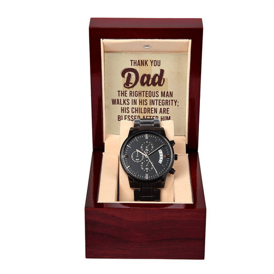 Thank You Dad - Proverbs 20 Black Chronograph Watch with Mahogany Style Luxury Box is the Perfect Birthday, Anniversary, Fathers Day, and special Gift For Men
