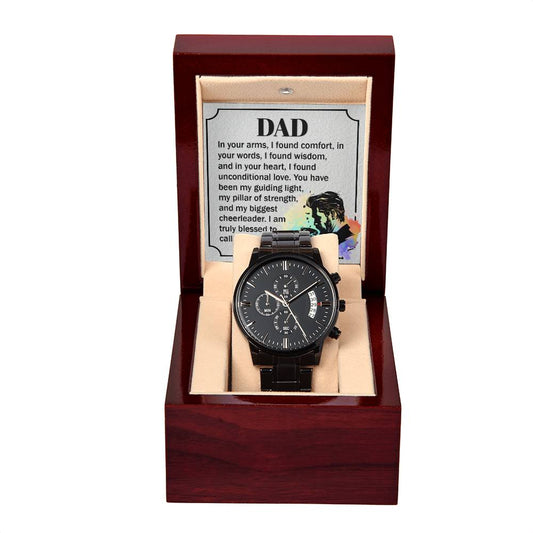 Dad, in your words I found wisdom Black Chronograph Watch with Mahogany Style Luxury Box is the Perfect Birthday, Anniversary, Fathers Day, and special Gift For Men