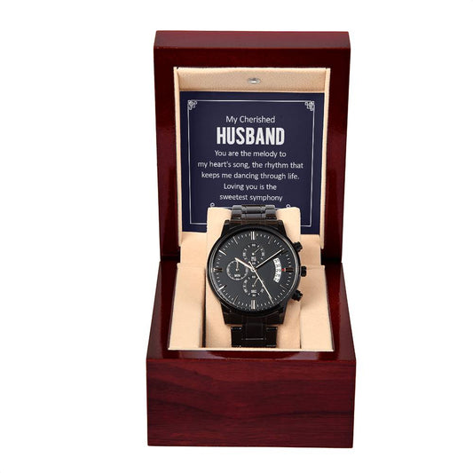 My cherished husband, You are the melody to my heart's song Black Chronograph Watch with Mahogany Style Luxury Box is the Perfect Birthday, Anniversary, Fathers Day, and special Gift For Men