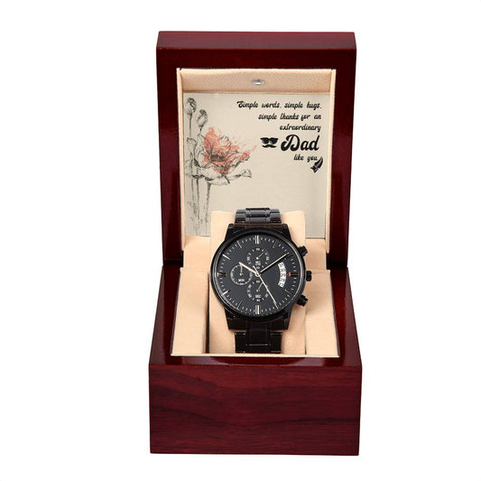 simple thanks for an extraordinary Dad like you. Black Chronograph Watch with Mahogany Style Luxury Box is the Perfect Birthday, Anniversary, Fathers Day, and special Gift For Men