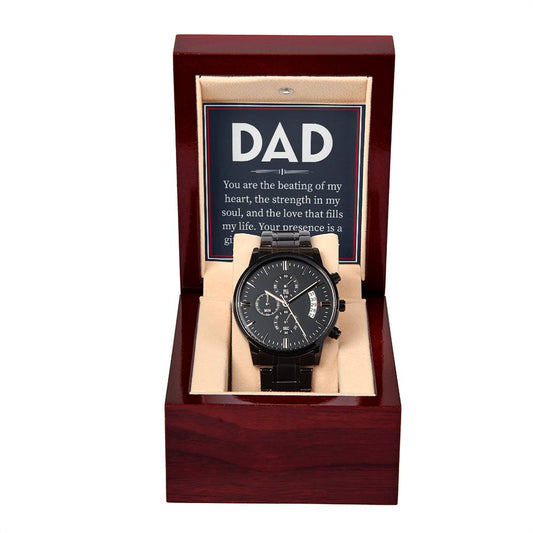 Dad, you are the beating of my Heart Black Chronograph Watch with Mahogany Style Luxury Box is the Perfect Birthday, Anniversary, Fathers Day, and special Gift For Men
