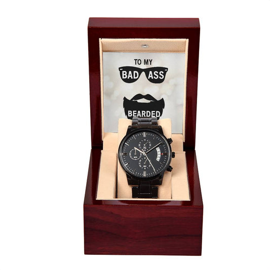 to my badass bearded dad Black Chronograph Watch with Mahogany Style Luxury Box is the Perfect Birthday, Anniversary, Fathers Day, and special Gift For Men
