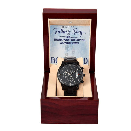 Happy Father's Day To My Bonus Dad Black Chronograph Watch with Mahogany Style Luxury Box is the Perfect Birthday, Anniversary, Fathers Day, and special Gift For Men