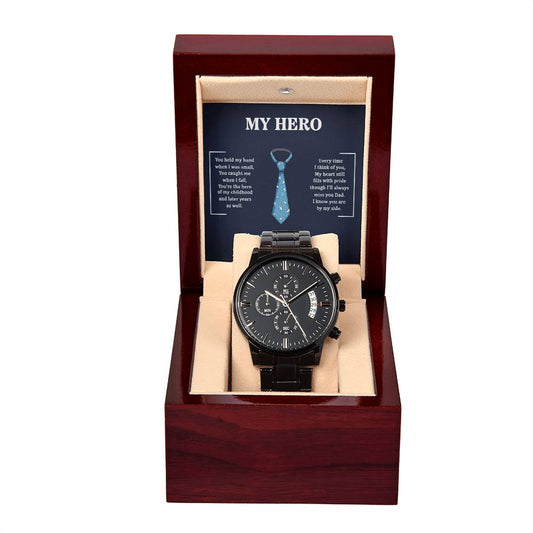 Dad, you're my Hero Black Chronograph Watch with Mahogany Style Luxury Box is the Perfect Birthday, Anniversary, Fathers Day, and special Gift For Men
