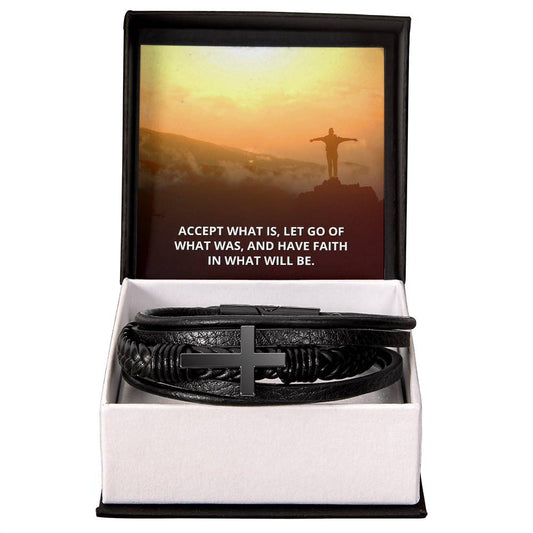Accept what is, let go of what was Mens leather Cross Bracelet is the Perfect Birthday, Anniversary, Fathers Day, and special Gift For the Men in Your Life