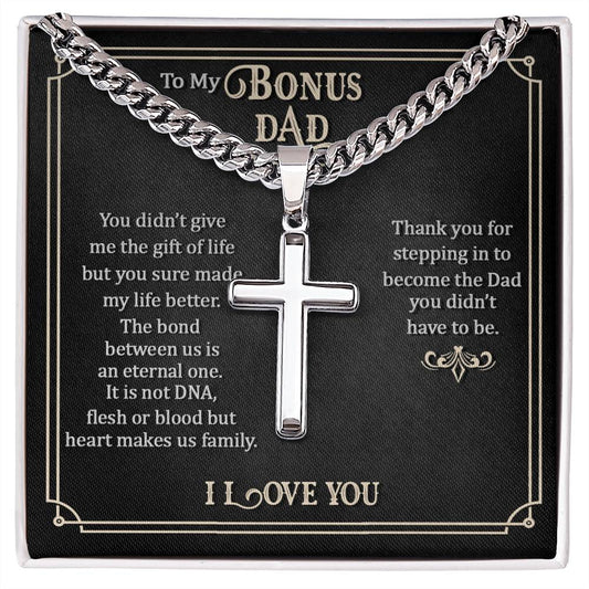 To my Bonus dad Personalized Steel Cross Necklace on Cuban Chain for Men