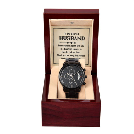 To my beloved husband, Every moment spent with you Black Chronograph Watch with Mahogany Style Luxury Box is the Perfect Birthday, Anniversary, Fathers Day, and special Gift For Men