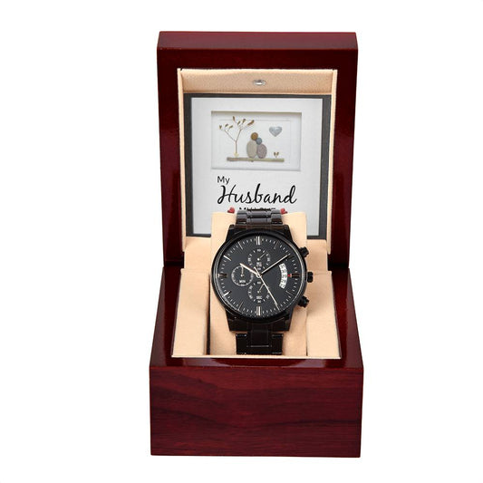 My Husband my Love Black Chronograph Watch with Mahogany Style Luxury Box is the Perfect Birthday, Anniversary, Fathers Day, and special Gift For Men