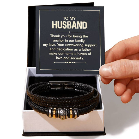 To my husband  thank you for being the anchor in our family Mens Leather Bracelet is the Perfect Birthday, Anniversary, Fathers Day, and special Gift For the Men in Your Life