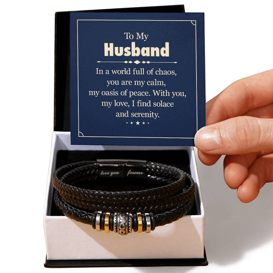 To my husband, In a world full of chaos Mens Leather Bracelet is the Perfect Birthday, Anniversary, Fathers Day, and special Gift For the Men in Your Life