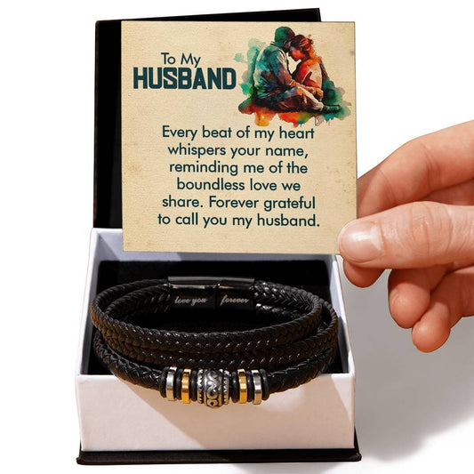 To my husband, Every beat of my heart Mens Leather Bracelet is the Perfect Birthday, Anniversary, Fathers Day, and special Gift For the Men in Your Life