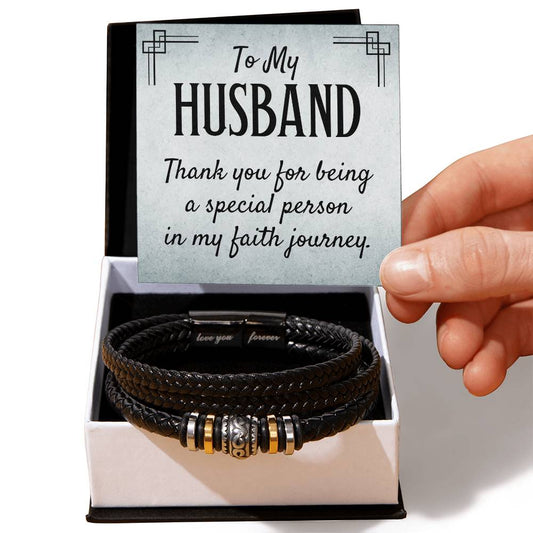 To my husband, of my faith journey Mens Leather Bracelet is the Perfect Birthday, Anniversary, Fathers Day, and special Gift For the Men in Your Life