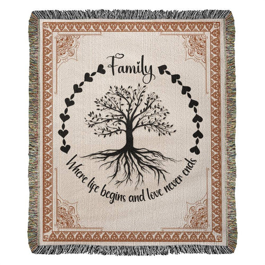 Family - Where Life begins 50 x 60 Vertical Heirloom Woven Blanket