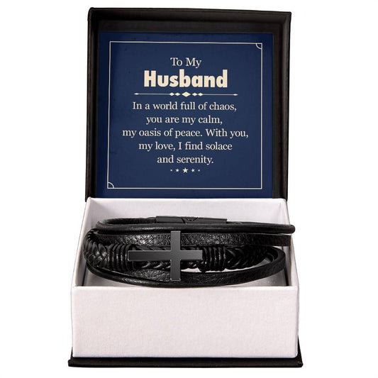 To my husband, In a world full of chaos Mens leather Cross Bracelet is the Perfect Birthday, Anniversary, Fathers Day, and special Gift For the Men in Your Life