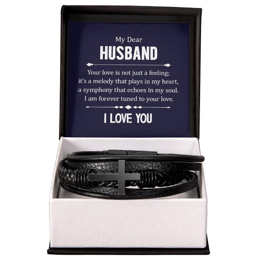 Dear husband, your love is a melody Mens leather Cross Bracelet is the Perfect Birthday, Anniversary, Fathers Day, and special Gift For the Men in Your Life