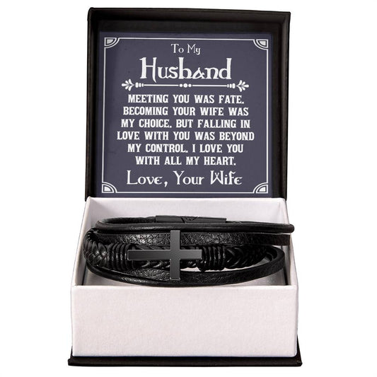 To My Husband, Meeting you was fate Mens leather Cross Bracelet is the Perfect Birthday, Anniversary, Fathers Day, and special Gift For the Men in Your Life