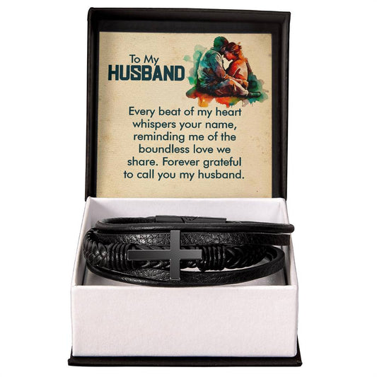 To my husband, Every beat of my heart Mens leather Cross Bracelet is the Perfect Birthday, Anniversary, Fathers Day, and special Gift For the Men in Your Life